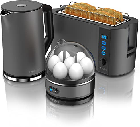 Arendo Ensembles Bouilloire et grille-pain et cuiseur à oeufs Bouilloire en inox 1,5L 40°-100°C Toaster 4 Tranches, Ecran LED 6 niveaux de brunissage Cuiseur à oeufs 1-7 oeufs Verre doseur Cool grey