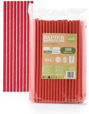 Sovie Strohhalme Papier Rot - Trinkhalme Plastikfrei - FSC-zertifiziert, Made in Europe, Biologisch Abbaubar - Ø 8mm - 23cm Länge - 150 Stück