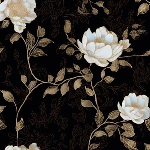 Laatse Black Golden Floral Peel and Stick Wallpaper Flowers Contact Paper 17.5 x 393 Self Adhesive Waterproof Vintage Dark Floral Wall Paper for Shelf Liner Cabinet Decor