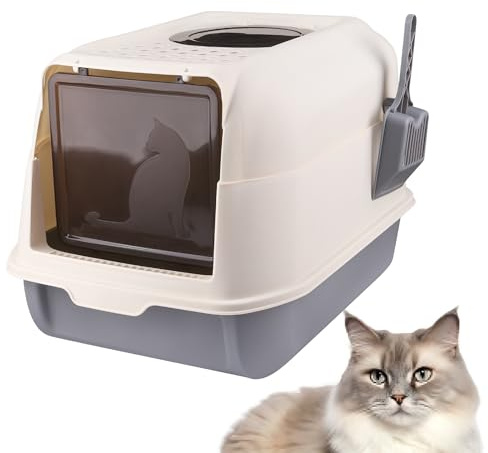 MUL-BOUTIQUE Bac Litière pour Chat avec Pelle, Portable, Fermée, Maison de Toilette XXL, 2 Ouvertures 51 * 36 * 34cm (Gris)