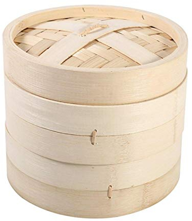 ANSNOW Dampfgarer, 2 Etagen, Bambus-Dampfkorb, Abnehmbar, Für Einen Topf, Gesundes Kochen, Küchenutensilien Mit Deckel Für Fleisch, Gemüse, Reis (22 Cm)/22Cm