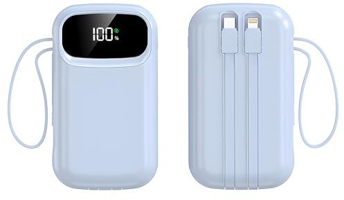 Powerbank 10 000 mAh Charge rapide Chargeur portable avec câbles intégrés PD 22,5 W Petite batterie USB-C avec 4 sorties 2 entrées Batterie de secours compatible avec iPhone, iPad et tablette (bleu)