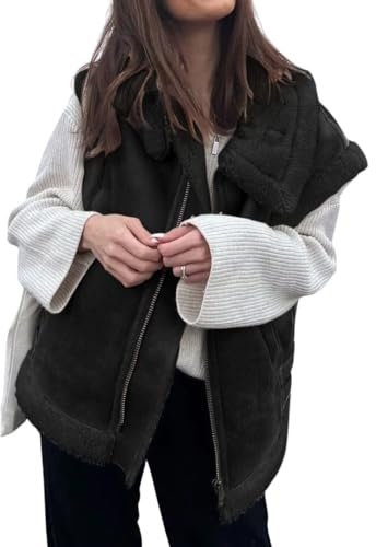 loveimgs Chaleco de invierno de piel de oveja cálida de ante para mujer, con cremallera, sin mangas, abrigo de piel de cordero con bolsillos, Negro -, X-Large