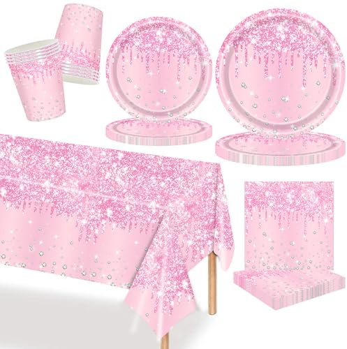 Morainjay Ensemble de vaisselle de fête rose 69 pièces assiettes, gobelets, serviettes, anniversaire, mariage, Pâques, fête prénatale, décoration de table