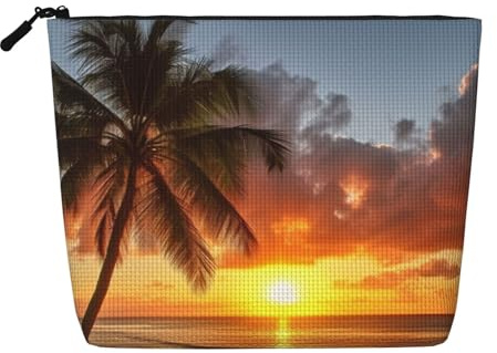 AMREWQYL Sunset Hawaiian Palm Tree printed Fake Hemp Makeup Bag Travel Toiletry Bag, Black, One Size