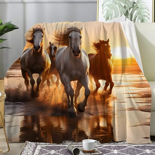 Pferd Sonnenuntergang Kuscheldecke Flauschig, Decke Fleecedecke Pferd, Weiche Warme Decke Wohndecke als Sofadecke Wolldecke Couchdecke Tagesdecke, XXL 220x240 cm S-558
