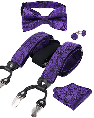 Alizeal Set da uomo con papillon e bretelle, fazzoletto e gemelli, 6 clip, colore nero, 071-Viola scuro, Taglia unica