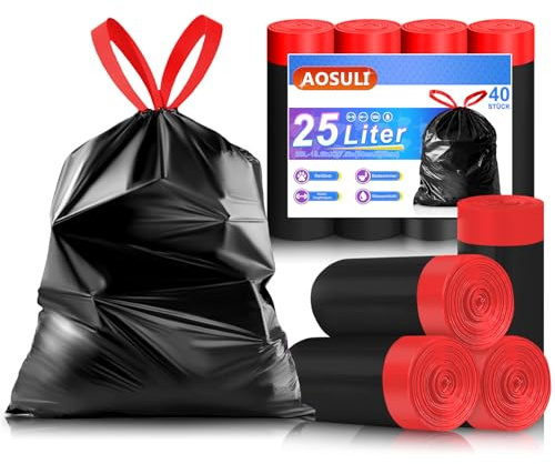 AOSULI Müllbeutel 25L Schwarz Mit Zugband, 40 Stück | Reißfest Und Auslaufsicher, Geruchsneutral, Praktisches Zugband Für Einfaches Verschließen, Ideal Für Küche Und Haushalt