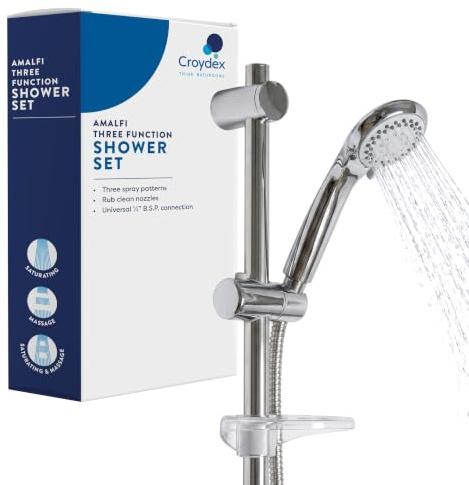 Croydex Amalfi Chrome Complete Shower Kit with 66.5cm Riser Rail | Shower Head with 3 Spray Patterns | 1.5m Stainless Steel Hose | Adjustable Slider | Rub Clean Nozzles