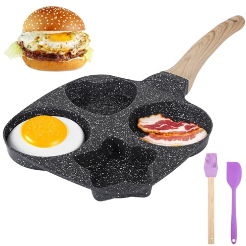 4-Cup Egg Frying Pan, Non-Stick Breakfast Skillet for Steak & Mini Dumplings, Unique Shapes Pancake Pan with Silicone Brush & Spatula, Anti-Scald Handle, Compatible with Induction Gas Stoves
