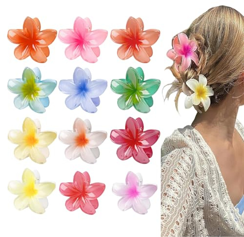 Noaxylic 12 Stück Blumen Haarklammer, Farbige Haarklammer Blume, Haarspangen Damen, Rutschfeste Kunststoff Haarspangen, Hawaiianische Blumenklammer, für Mädchen Dick/Dünn Haar (12 Farben， 8cm)