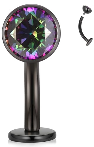 hengkaixuan Anello per ombelico a disco con fondo piatto G23 in titanio, gioiello per ombelico a fondo piatto, piercing per ombelico 14G, barra curva a sfera ombelicale, anello per ombelico filettato