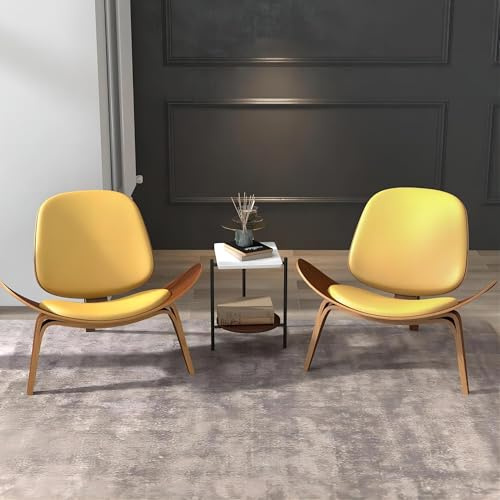 homary Leather Walnut Tripod Accent Chair, High Back Lounge Chair with Soft Faux Leather Seat, Sturdy Wood Frame for Living Room Bedroom (Black & Yellow)