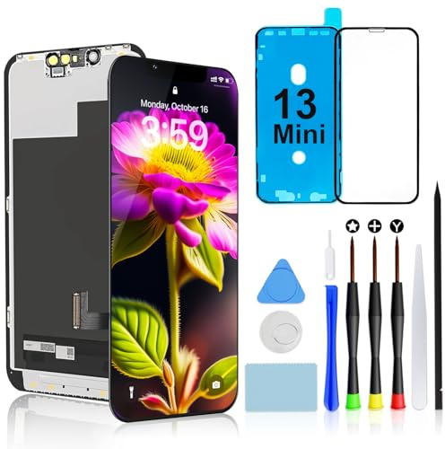 for iPhone 13 Mini Screen Replacement, 5.4 FHD LCD Touch Display Assembly | COF Touch Screen Digitizer Assembly with Repair Tools, Waterproof Adhesive Seal, Tempered Glass Protector & Installation Kit