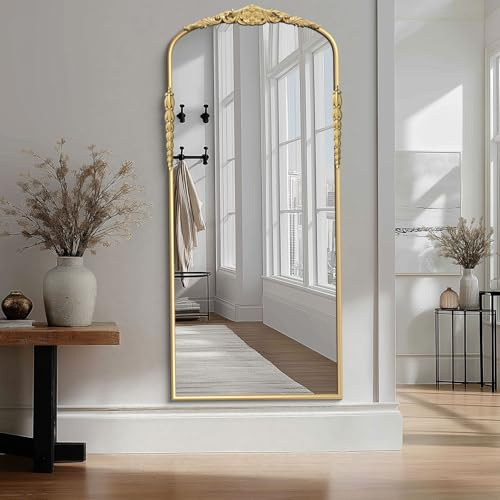 G-LEAF Bogen-Wandspiegel, Antiker Spiegel im Barockstil, 165cm x 60cm, Metallrahmen mit Perlenverzierung, großer moderner Spiegel für Eingangsbereich, Badezimmer oder Schlafzimmer, Vintage Gold