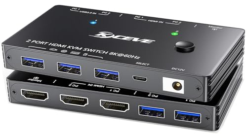 HDMI KVM Switch für 2 Computer und 1 Monitore, 8K@60Hz/4K@120Hz Single Monitore KVM Switch für 2 PC teilen 2 Monitoren und USB3.0-Geräten, mit USB Kabeln, Controller und Netzteil