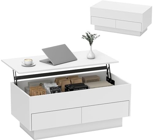 HOMCOM Table Basse Relevable Moderne 2 Tiroirs 100 x 50 x 44 cm Blanc