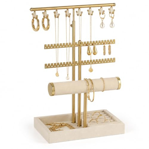 YAWAHOME Schmuckaufbewahrung Organizer Beige, 4 Ebenen Schmuckständer mit Samt-Tablett, 3 abnehmbare T-Stangen für Halsketten, Armbänder, Ringe, Ohrringe und Uhren
