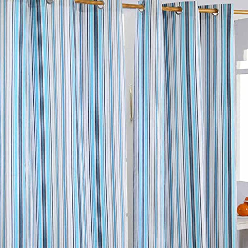 HOMESCAPES New England ränder – blå marinblå vit – öljett gardin par 137 cm (54 tum) bred x 228 cm (90 tum) droppe 100 % bomullsring topp randiga gardiner