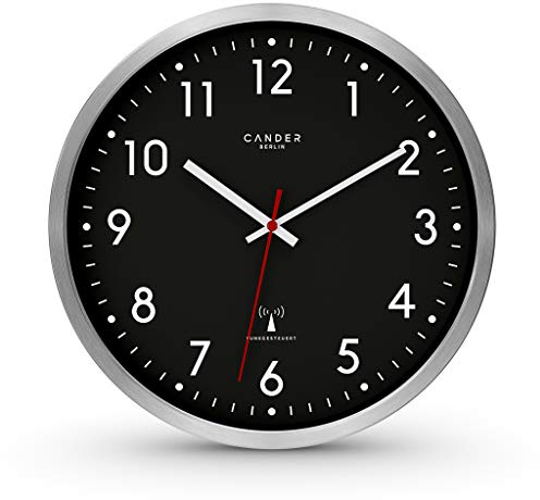 Cander Berlin MNU 3030 S Wanduhr Funk lautlos 30,5 cm analog Aluminium geräuschlos schwarz Funkuhr ohne Ticken