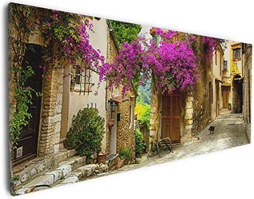 Wallario Leinwandbild Malerische Stadt in der Provence mit bunten Blumen - Wandbild 30 x 75 cm: Kunstdruck | Brillante lichtechte Farben | hochauflösend | verzugsfrei