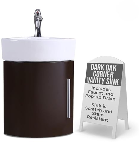 Corner Wall Mount Vanity Sink, Compact White Sink With Dark Oak Vanity, Scratch And Stain Resistant Finish, Heavy Duty Grade A Vitreous China Built, Faucet And Drain Included, Renovators Supply