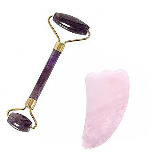 Jade Roller Massager natürliche Amethyst Quarz Gesichts Roller Massage Jade Stein Gesicht Hals Massage Hautpflege-Tool Anti-Falten mit Double Head und Gua Sha kratzen Massage-Tool