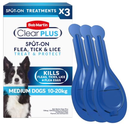Bob Martin Clear Plus Spot On Flea Treatment for Medium Dogs (10-20kg) - Kills Fleas, Ticks, Lice and Flea Eggs (3 Pipettes)