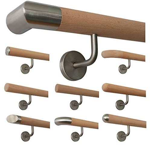TIBU Holz Handlauf Buche unbehandelt Geländer Wandhandlauf Wand Treppe 30-500cm, Länge 310 mit 4 Halter Edelstahlecke