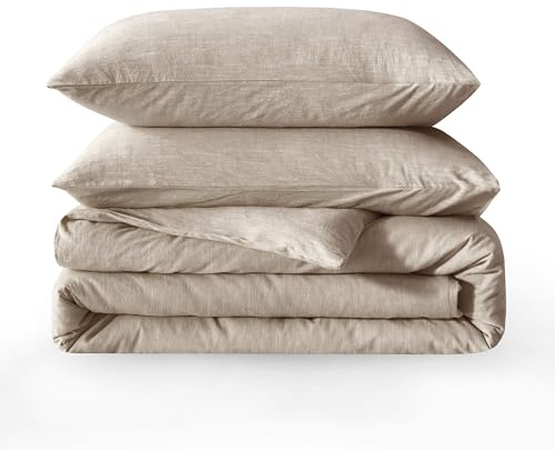 BFS HOME Linen Duvet Cover Twin Size - Soft Breathable Cotton Linen Blend, 3-Pieces Bedding Set with 2 Pillowcases, Stonewashed Texture, Khaki, All-Season Comfort