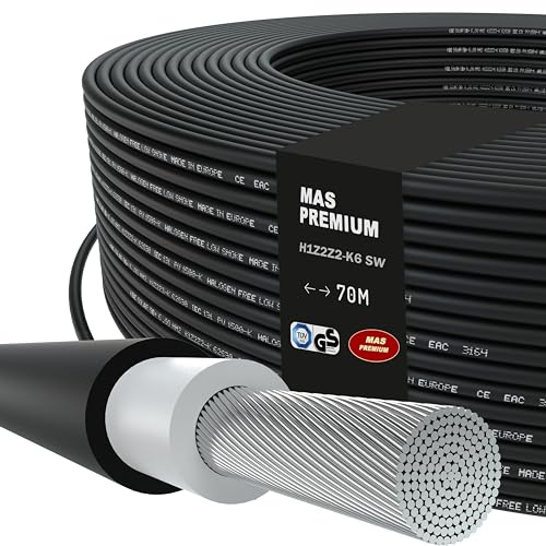 MAS Premium Solarkabel H1Z2Z2-K 4 6 10 mm² Solarleitung TÜV-2 Halogenfrei doppelt isoliert Frei bewegliche oder feste Verlegung in Photovoltaikanlagen 5-200m (H1Z2Z2-K 6, Schwarz, 70m)