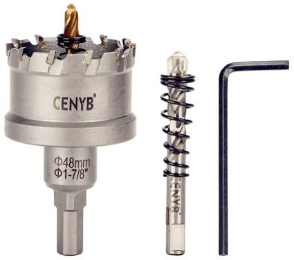 CENYB scie cloche metal 1-7/8 (48mm) à pointe en carbure de tungstène, avec 2 forets pilotes titanées - Idéale pour métaux durs, acier inoxydable, fer, alliage d'aluminium, bois et plastique