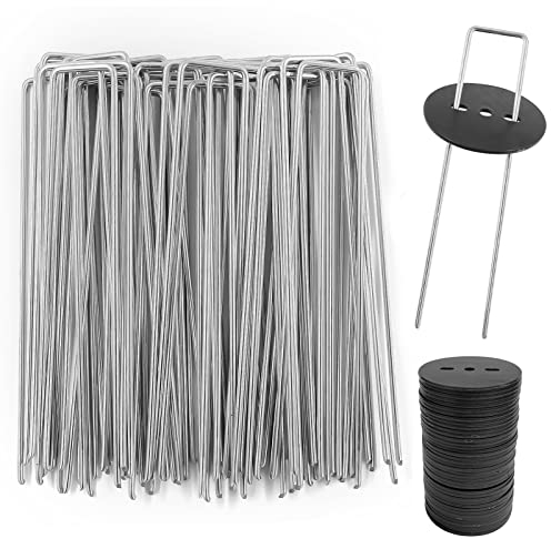 AGAKY Grapas de Jardín de Acero Galvanizado, 50 Estacas de Fijación Metal con 50 Arandelas, Clavos en Forma de U para Césped Artificial, Grapas para Malla Antihierbas, Valla, 150 x 25 mm - Ø 2,8 mm