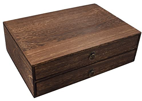 Cuyacili Caja de Madera para Decorar con 2 cajones Organizador de Escritorio Carbonización Gabinete de Almacenamiento Almacenaje A4 Documentos, Juguetes, Herramientas 34x24x10,5cm