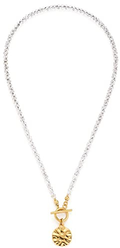 JEWELS BY LEONARDO Halskette Milly • Perlen-Kette aus goldfarbenem Edelstahl • transaprente japanische Glas-Perlen • gehämmerter Anhänger am Knebelverschluss • 45 cm Länge • Damen Schmuck • 022492