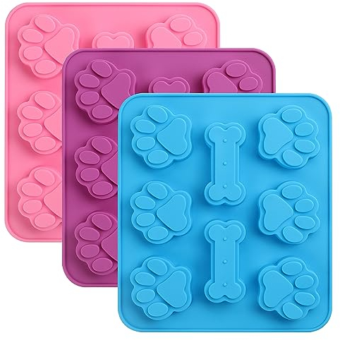 3 Pcs Dog Paw and Bone Silicone Molds, 3D Puppy Dog Paw Cake Moulds, Dog Bone Chocolate Mould, Paw Ice Cube Moulds, Non-Stick Food Grade Molds for Baking, Candy, Jelly, Ice Cube, Pudding, Pet Treats