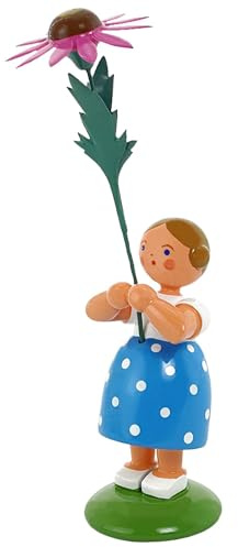 Seiffener Volkskunst Jan Legler | Sommerblumenmädchen Blumenkinder | Handwerkskunst aus dem Erzgebirge | Holzfigur Frühlingsdeko | 12 cm | mit rotem Sonnenhut