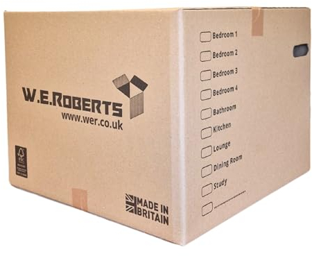 W.E. Roberts 5 Strong Extra Large Cardboard moving Boxes. Packing boxes for moving house with Printed Room List and Carry Handles 52cm x 52cm x 40cm cardboard Boxes