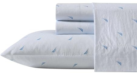 Nautica - Twin Sheets, Cotton Percale Bedding Set, Casual Home Decor (Boat Stripe Pale Blue, Twin)