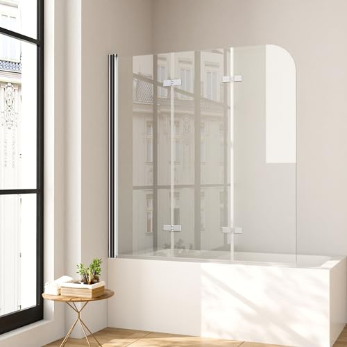 Duschwand für Badewanne 120 x 140 cm Silber Badewannen Duschwand 3-teilig Duschfaltwand für Badewanne aus Gehärtetem Sicherheitsglas mit NANO Beschichtung,Leicht zu Reinigen