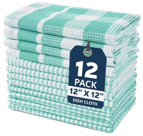 LANE LINEN 100% Cotton Kitchen Dish Cloths, Ultra Soft Absorbent Quick Drying Dish Towels, Multiweave Wash Cloths Dish Towel Sets, 13x13 Inches, 12 Pack - Aqua