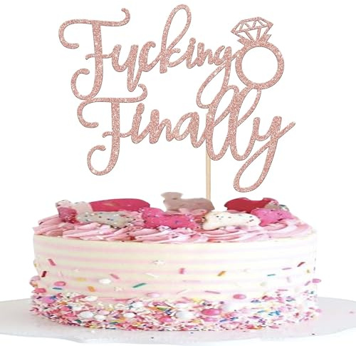 SYKYCTCY 1 Pack Fucking Finally Cake Topper Glitter Diamond Ring Funny Wedding Engagement Cake Pick Bridal Wedding Cupcake Decoration Party Supplies Rosegold
