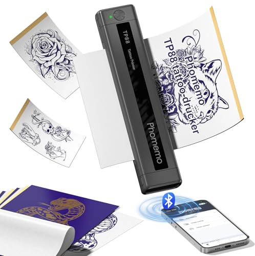 Phomemo TP88 Tattoo Drucker – Professioneller Tattoo Thermodrucker, Tattoo Schablonendrucker mit 10 Stück Transferpapier, Kabellose Verbindung, Kompatibel mit Mobiltelefonen und PC
