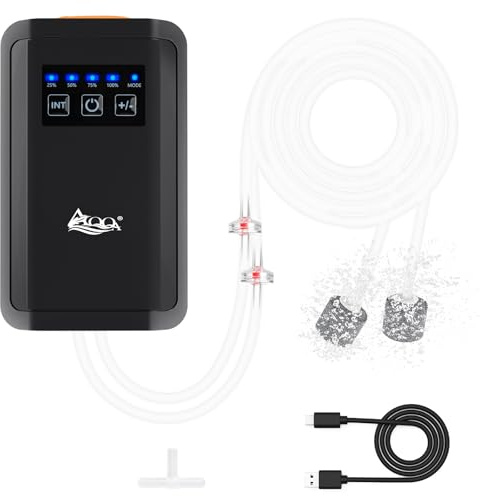 AQQA Aquarium Air Pump Quiet Fish Tank Aerator Pump Powerful Rechargeable Fish Oxygen Pump Battery Operated Dual Outlets with Air Stones,Air Tube & Check Valve (5W 150GPH)