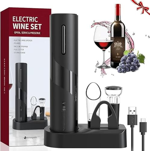 Sacacorchos eléctrico para vino, juego de abrebotellas eléctrico 6 en 1 con base, cortador, vertedor, tapón de silicona para vacío, línea de carga USB