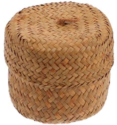 IMIKEYA 2 Stück Mini Seegraskorb mit Deckel rund Handgeflochtener klein Seegrasbox Weidenkörbe Aufbewahrungskörbe Rustic Blumenkorb für Schreibtisch Zuhause Party, 12x9 CM