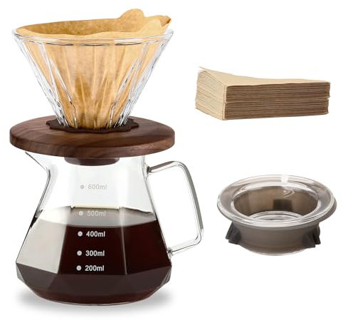 Polydremio Caffettiera Pour Over, caraffa in vetro borosilicato da 600 ml, con 100 filtri di carta misura 02, manico in noce e coperchio in vetro, 600 ml, trasparente