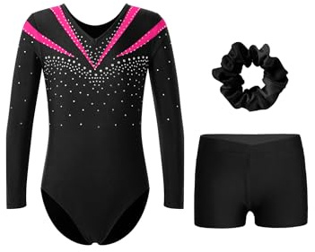 Aiihoo Mädchen Turnanzug Gymnastikanzug Glitzer Langarm Turnbody Trikotbody Kurz Hose Gymnastik Shorts + Haarband Leotard Turnkleidung Tanz Outfit Hot Pink 134-140