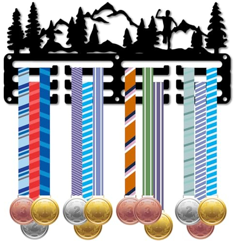 CREATCABIN Medaillenaufhänger Laufen Kleiner Medaillenhalter Für Sport Leichtathletik Wettkämpfe Auszeichnungen Bänder Organizer Bergwald Schwarze Eisenhalterung Deko Gestell Aufhängen Wand 29x13cm