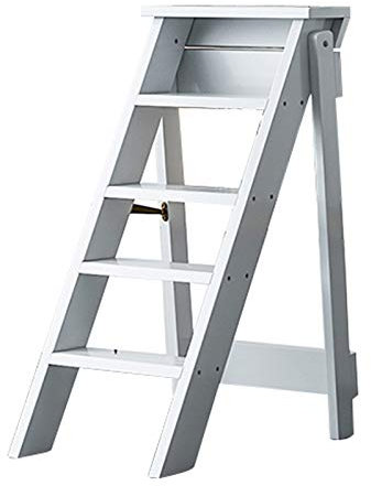 Escabeau pliable en bois massif 5 marches pour bibliothèque, cuisine, jardin, blanc (capacité de 200 kg)